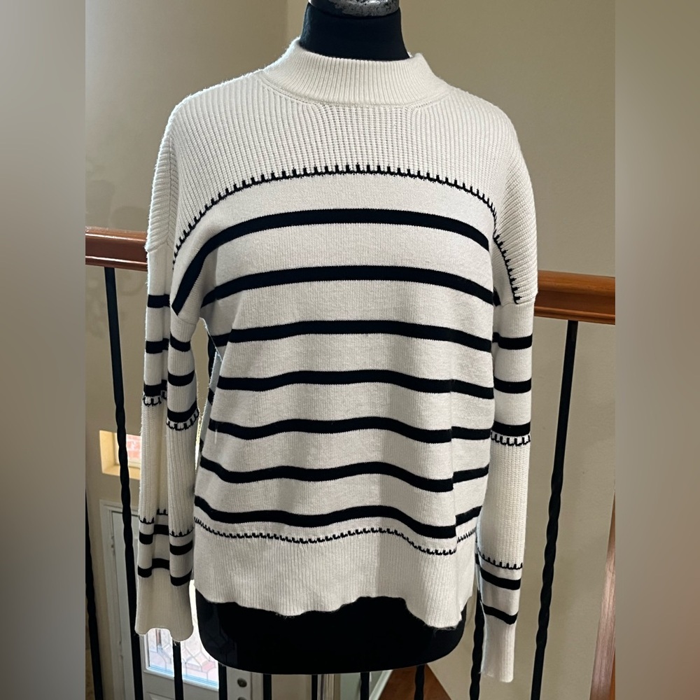 Greige Ribbed Knit Sweater Black - White Stripe, Coastal, WOMEN SIZE L - Picture 3 of 13